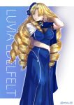  1girl absurdres blonde_hair blue_dress breasts brown_eyes character_name dress drill_hair fate/stay_night fate_(series) hair_ornament hair_ribbon highres large_breasts long_hair luviagelita_edelfelt ootato ribbon twitter_username 