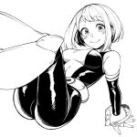  1girl absurdres arm_support blush bodysuit boku_no_hero_academia breasts closed_mouth feet_out_of_frame fingernails greyscale highres knees_up kobaji looking_at_viewer medium_breasts monochrome short_hair simple_background sitting smile solo uraraka_ochako 