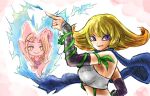  2girls blonde_hair blue_scarf breasts chibi chibi_inset commentary_request flower heart kicdon kid_icarus kid_icarus_uprising looking_at_viewer multiple_girls phosphora plant purple_eyes purple_flower scarf sideboob upper_body vines viridi 