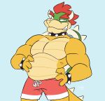  2023 2_horns anthro armband belly biceps big_belly bottomwear bowser bracelet claws clothed clothing collar cosmicboy02 digital_media_(artwork) eyebrows hair hand_on_stomach hi_res horn jewelry koopa male mario_bros musclegut nintendo pecs red_bottomwear red_clothing red_hair red_shorts scalie shell shorts simple_background smile solo spiked_armband spiked_bracelet spiked_collar spiked_tail spikes spikes_(anatomy) standing tail teeth topless topless_anthro topless_male yellow_body 