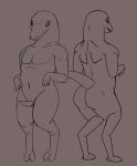  absurd_res amphibian animal_genitalia animal_humanoid anthro big_butt butt digital_media_(artwork) digitigrade duo erection front_view genital_slit genitals hi_res humanoid lizard looking_at_viewer male nude open_mouth penis presenting presenting_hindquarters rear_view reptile salamander scaile scalie simple_background slit standing tail terraria worldeaterart 