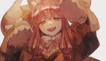  1girl animal_ear_fluff animal_ears fate/samurai_remnant fate_(series) fox_ears fox_tail geshi_(ey1_n8) japanese_clothes kimono long_hair looking_at_viewer open_mouth pink_hair simple_background sketch sleeves_past_fingers sleeves_past_wrists smile solo tail tamamo_(fate) tamamo_aria upper_body wide_sleeves yellow_eyes yellow_kimono 