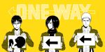  1girl 2boys arrow_(symbol) clenched_teeth commentary_request eren_yeager greyscale_with_colored_background holding holding_sign jacket jean_kirchstein kaos_(kkkakao) mikasa_ackerman multiple_boys rogue_titan scarf shingeki_no_kyojin sign survey_corps_(emblem) teeth titan_(shingeki_no_kyojin) 
