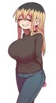  1girl :d arms_behind_back black_hair black_shirt blonde_hair blush breasts brown_hair closed_eyes denim highres jeans kinjo_no_hito_no_nakimushi large_breasts long_sleeves multicolored_hair ochiai_(kinjo_no_hito_no_nakimushi) pants shirt simple_background smile two-tone_hair white_background zyugoya 
