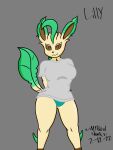  2022 absurd_res animal_humanoid anthro big_breasts breasts clothed clothing digital_media_(artwork) eeveelution female fur generation_4_pokemon hi_res humanoid leafeon lilly_(mythicalshork) looking_at_viewer mammal nintendo pokemon pokemon_(species) shaded signature simple_background smile solo tail text 