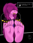  5_toes anthro barefoot claws clothed clothing deltarune feet female foot_fetish freetzo hair hi_res humanoid_feet plantigrade reptile scalie soles solo susie_(deltarune) text toe_claws toes undertale_(series) 