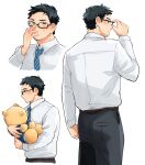  1boy adjusting_eyewear bara blush collared_shirt cropped_torso facial_hair glasses goatee_stubble hatomugishota highres hugging_doll hugging_object male_focus mature_male multiple_views original profile salaryman shirt short_hair sideburns stubble stuffed_animal stuffed_toy teddy_bear thick_eyebrows 