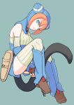  1girl absurdres animal_ears animal_hood blue_eyes breasts breath_of_fire breath_of_fire_v cat_ears cat_hood closed_mouth damegamega fingerless_gloves full_body gloves highres hood lin_(breath_of_fire) looking_at_viewer orange_hair short_hair simple_background smile solo tail thighhighs 