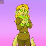  1:1 ambiguous_gender anthro blonde_hair clothed clothing darnathi food foxenawolf fruit green_eyes hair isla_aukate lemon membrane_(anatomy) plant solo straw webbed_hands yellow_body 