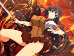  1girl black_hair black_socks blue_eyes blunt_bangs bow bowtie breasts brown_skirt building buttons chouun_shiryuu chouun_shiryuu_(cosplay) cosplay crossover debris double-breasted energy evening fingerless_gloves fire flame fuchi_(hilt) gloves holding holding_sword holding_weapon house ikaruga_(senran_kagura) ikkitousen ikkitousen_dragon_destiny impossible_clothes kneehighs large_breasts light_particles long_hair looking_at_viewer mansion miniskirt official_alternate_costume official_art ootachi orange_sky pleated_skirt red_bow red_bowtie school_uniform senran_kagura senran_kagura_new_link senran_kagura_shoujo-tachi_no_shin&#039;ei shiny_skin shirt skirt sky sleeve_cuffs socks solo sparkle sparks standing standing_on_one_leg sword thighs tsuba_(guard) tsuka_(handle) very_long_hair weapon white_gloves window yaegashi_nan 
