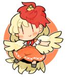  1girl animal animal_on_head bird bird_on_head bird_tail bird_wings black_footwear blonde_hair blush boots chick closed_mouth dress feathered_wings full_body highres ini_(inunabe00) multicolored_hair niwatari_kutaka on_head orange_dress red_eyes red_hair shirt short_hair short_sleeves smile solo tail touhou two-tone_hair white_shirt wings yellow_wings 