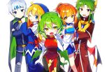  2boys 3girls absurdres arle_nadja armor black_pants blonde_hair blue_eyes blunt_bangs blush breastplate breasts brown_eyes brown_hair carbuncle_(puyopuyo) china_dress chinese_clothes closed_mouth crossed_arms draco_centauros dragon_girl dragon_horns dragon_tail dragon_wings dress elbow_gloves fang gloves green_hair grey_hair highres horns large_breasts long_hair long_sleeves multiple_boys multiple_girls offbeat one_eye_closed open_mouth pants puyopuyo red_dress red_eyes satan_(puyopuyo) schezo_wegey short_hair short_ponytail sleeveless sleeveless_dress smile tail tongue tongue_out white_gloves wings witch_(puyopuyo) 