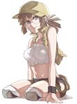  1girl baseball_cap belt black_belt black_wristband breasts brown_eyes brown_hair brown_headwear brown_shorts collarbone collared_vest commentary_request crop_top fio_germi full_body glasses hat helping-hand knee_pads looking_at_viewer medium_breasts metal_slug midriff navel no_shoes open_clothes open_vest parted_lips ponytail round_eyewear seiza shorts simple_background sitting snk socks solo stomach vest white_background white_socks wristband 