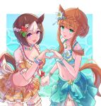  2girls animal_ears arm_garter bare_shoulders bikini bikini_skirt blush bracelet braid breasts brown_hair caustics cleavage crown_braid ear_flower flower flower_on_chest green_bikini green_eyes groin hair_bun hair_flower hair_ornament heart heart_hands heart_hands_duo hibiscus highres holding_hands horse_ears horse_girl horse_tail jewelry long_hair medium_breasts multiple_girls navel necklace open_mouth orange_bikini orange_hair purple_eyes sarong short_hair silence_suzuka_(emerald_on_the_waves)_(umamusume) silence_suzuka_(umamusume) small_breasts smile special_week_(hopping_vitamin_heart)_(umamusume) special_week_(umamusume) standing summer&#039;s_sunlight_fades_to_blue_(umamusume) swimsuit tail taro_yokayoka thigh_strap umamusume umamusume_summer_story_(umamusume) water yuri 