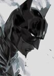  1boy absurdres batman batman_(series) blood blood_on_face bodysuit bruce_wayne cuts dc_comics english_commentary facial_hair greyscale highres injury male_focus mask monochrome naijarski profile simple_background solo 