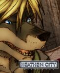  anthro ayato black_nose blonde_hair blue_eyes brown_body brown_fur canid canine canis clothing distasty english_text fur green_clothing green_shirt green_topwear hair heathen_city low_res male mammal open_mouth owen_zelazny shirt solo tan_body tan_fur text tongue_showing topwear wolf 