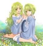  1boy 1girl :o aged_down androgynous ao_no_kiseki barefoot blue_choker blue_dress blue_flower blue_ribbon blue_shirt child choker commentary_request day dress eiyuu_densetsu female_child field flower flower_field full_body grass green_eyes green_hair hair_intakes hands_up holding_hands isa_(peien516) kea_(eiyuu_densetsu) kneeling long_hair look-alike looking_at_viewer looking_back male_child microdress nature open_mouth pants parted_bangs pink_flower plantar_flexion red_flower ribbon shirt short_hair sitting soles wariza wazy_hemisphere white_flower white_pants white_ribbon wide_sleeves yellow_flower 