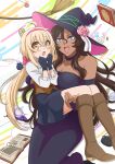  2girls :d ahoge alissa_(dekoboko_majo_no_oyako_jijou) black_bridal_gauntlets black_dress black_gloves black_headwear black_skirt blonde_hair blue_eyes book boots breasts bridal_gauntlets broom brown_corset brown_footwear brown_hair carrying choker cleavage corset cowboy_shot crystal_ball dark-skinned_female dark_skin dekoboko_majo_no_oyako_jijou dress fang flower gloves hair_between_eyes hairband hat hat_flower highres ink_bottle knee_boots large_breasts long_hair looking_at_viewer multiple_girls official_art open_mouth pink_hairband princess_carry quill shirt skirt sleeveless sleeveless_dress smile strapless strapless_dress viola_(dekoboko_majo_no_oyako_jijou) white_background white_shirt witch_hat yellow_eyes 