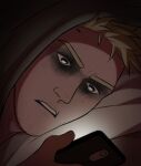  1boy blonde_hair call_of_duty call_of_duty:_modern_warfare_2 doktorstweeter facepaint facial_hair ghost_(modern_warfare_2) highres holding holding_phone hood hood_up looking_at_phone lying male_focus on_side phone pillow short_hair solo stubble 