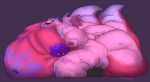  2023 2_horns 2_tails 2_wings anthro countershade_torso countershading demon full-length_portrait haradoshin hi_res horn male membrane_(anatomy) membranous_wings multi_tail nipple_piercing nipples notched_wings obese obese_anthro obese_male overweight overweight_anthro overweight_male piercing pink_body pink_tail portrait purple_background purple_horn purple_nipples simple_background solo standing tail wings 