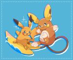  alolan_raichu animal_feet animal_hands blue_background blue_eyes commentary_request dot_nose highres long_tail mouse open_mouth pikachu pokemon pokemon_(creature) smile sparkle spiked_tail surfing tail towa_(clonea) water 