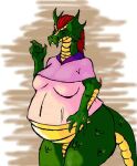  anthro belly belly_scales big_belly big_breasts bottomless breasts clothed clothing danellz digital_media_(artwork) dragon female green_body green_scales hair hi_res multicolored_body multicolored_scales non-mammal_breasts pregnant red_eyes red_hair scales shirt solo thick_thighs topwear two_tone_body two_tone_scales yellow_body yellow_scales 