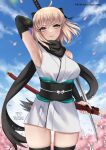  1girl ahoge arm_behind_head arm_guards arm_up armpits bare_shoulders black_bow black_thighhighs blonde_hair blue_sky bow breasts detached_sleeves fate/grand_order fate_(series) hair_bow half_updo highres japanese_clothes katana kimono koha-ace large_breasts looking_at_viewer obi okita_souji_(fate) okita_souji_(koha-ace) ryuuneart sash short_hair short_kimono sky sleeveless sleeveless_kimono smile solo sword thighhighs thighs weapon white_kimono yellow_eyes 