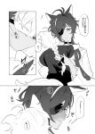  1boy 1girl absurdres aether_(genshin_impact) ahoge animal_ears biting blush breasts cat_ears cat_girl cat_tail choker closed_eyes closed_mouth commentary_request dark-skinned_female dark_skin dog_boy dog_ears dog_tail eyepatch genderswap genderswap_(mtf) genshin_impact greyscale highres kaeya_(genshin_impact) large_breasts monochrome neck_biting one_eye_covered open_mouth simple_background speech_bubble tabibitowayo tail translation_request white_background wide_sleeves 