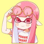  1girl blush_stickers closed_mouth dot_nose eyewear_on_head inkling inkling_girl long_hair namori pink_eyes pink_hair pointy_ears round_eyewear shirt short_sleeves smile solo splatoon_(series) t-shirt tentacle_hair upper_body yellow_background 