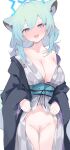  1girl :d animal_ears ass_visible_through_thighs bar_censor blue_archive blue_halo breasts censored cleavage green_hair halo highres japanese_clothes kimono large_breasts looking_at_viewer mikozin official_alternate_costume puffy purple_eyes shigure_(blue_archive) shigure_(hot_spring)_(blue_archive) short_hair simple_background smile solo white_background 