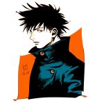  1boy black_hair black_jacket buttons character_profile closed_mouth commentary dated eyelashes from_side fushiguro_megumi high_collar jacket jujutsu_kaisen kotteri looking_at_viewer male_focus orange_background profile short_hair solo spiked_hair uniform upper_body white_background 