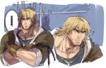 1boy bara chinese_text cropped_legs crossed_arms frown goatee_stubble ken_masters looking_ahead male_focus mature_male medium_hair muscular muscular_male mustache_stubble pectoral_cleavage pectorals street_fighter street_fighter_6 thick_eyebrows translation_request unfinished yuiofire 