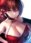  1girl akeyama_kitsune azur_lane bare_shoulders breasts brown_hair cleavage closed_mouth collarbone commentary_request criss-cross_halter dress floating_hair hair_between_eyes hair_ornament halterneck hand_on_own_hip high_ponytail kanzashi large_breasts long_hair looking_at_viewer ponytail red_dress sidelocks sleeveless sleeveless_dress solo standing tsumami_kanzashi upper_body very_long_hair yellow_eyes zuikaku_(azur_lane) 