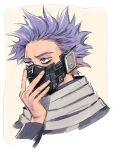  1boy bags_under_eyes boku_no_hero_academia border cropped_shoulders faux_traditional_media fingernails grey_scarf long_sleeves looking_ahead male_focus mask purple_eyes purple_hair rnuyvm scarf shinsou_hitoshi short_hair solo spiked_hair white_border 