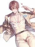  1boy arm_rest belt blue_ribbon blurry blush brown_belt brown_hair cowboy_shot crystal dated depth_of_field eiden_(nu_carnival) finger_heart hair_between_eyes heart jacket jewelry light_smile looking_at_viewer lying male_focus necklace nipples nu_carnival official_alternate_costume open_clothes owner_bird ribbon see-through shirt solo white_background white_shirt yellow_eyes 