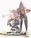  1girl armor armored_bodysuit armored_boots armored_gloves artist_name black_bodysuit bodysuit boots breastplate burger eating food goddess_of_victory:_nikke hair_intakes headgear highres hip_armor knees_together_feet_apart leg_armor noah_(nikke) pinjirooo pink_eyes pink_hair shield short_hair shoulder_armor simple_background sitting solo sparkle_hair_ornament 