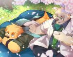  anthro bear bird_dog boar_stag144 canid canine canis cherry_blossom cu_sith_(tas) domestic_dog duo eyewear fur glasses golden_retriever hi_res hunting_dog leib_(tas) lifewonders lying male mammal on_front petting plant polar_bear retriever sake_dish scarf tokyo_afterschool_summoners ursine white_body white_fur 