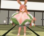  1girl 3d animal_ears breasts breasts_out brown_hair bursting_breasts cleavage gigantic_breasts happy huge_breasts japanese_clothes kimono large_breasts long_hair long_sleeves looking_at_viewer oppai_loli original rabbit_ears shortstack solo standing 