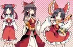  3girls aoi_kujira ascot benikurage_(cookie) black_hair blush bow breasts brown_eyes collared_shirt commentary_request cookie_(touhou) detached_sleeves explosive feet_out_of_frame frilled_bow frilled_hair_tubes frilled_shirt_collar frilled_skirt frills gift grenade hair_bow hair_tubes hakurei_reimu incoming_gift jewelry kanna_(cookie) long_hair looking_at_viewer marisa_to_alice_no_cookie_storia medium_bangs medium_breasts medium_hair multiple_girls one_eye_closed open_mouth parted_bangs pink_background red_bow red_shirt red_skirt ribbon-trimmed_sleeves ribbon_trim ring ring_box sananana_(cookie) shirt sidelocks skirt skirt_set sleeveless sleeveless_shirt small_breasts smile standing striped striped_background touhou white_sleeves wide_sleeves yellow_ascot yellow_eyes 