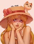  1girl absurdres aino_minako animal_ears artemis_(sailor_moon) bare_shoulders bishoujo_senshi_sailor_moon blonde_hair blue_eyes bow cat cat_ears cat_tail dress hat highres lips portrait red_bow sleeveless sun_hat sundress tail teal_mussel white_cat white_fur 