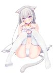  1girl absurdres animal_ears bell blush bra breasts cameltoe cat_cutout cat_ears cat_lingerie cat_tail cleavage cleavage_cutout closed_mouth clothing_cutout collar collarbone echiru39 emilia_(re:zero) feet frilled_bra frills grey_hair highres kemonomimi_mode knees_together_feet_apart long_hair looking_at_viewer medium_breasts meme_attire navel neck_bell no_shoes panties paw_pose purple_collar purple_eyes re:zero_kara_hajimeru_isekai_seikatsu simple_background sitting solo tail thighhighs underwear very_long_hair white_background white_bra white_panties white_thighhighs 