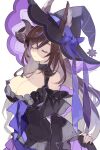  1girl alternate_costume black_dress bow breasts brown_hair brown_horns cleavage closed_eyes clothes_lift commentary cyenmi3 dress extra_ears galleon_(granblue_fantasy) granblue_fantasy hat hat_bow hat_ribbon highres horns huge_breasts long_hair multicolored_hair purple_bow purple_hair ribbon skirt skirt_lift solo streaked_hair witch_hat 
