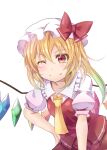  1girl ascot blonde_hair bow breasts closed_mouth collared_shirt comiket_88 crystal fang fang_out flandre_scarlet frilled_shirt_collar frilled_sleeves frills hand_on_own_hip hat hat_bow leaning_forward looking_at_viewer medium_hair mob_cap multicolored_wings one_eye_closed puffy_short_sleeves puffy_sleeves rando_seru red_bow red_eyes red_ribbon red_skirt red_vest ribbon shirt short_sleeves skirt skirt_set sleeve_ribbon small_breasts solo touhou vest white_background white_headwear white_shirt wings yellow_ascot 
