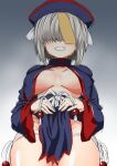  1girl breasts breasts_apart center_opening chinese_clothes grey_hair grin hair_over_eyes hat highres jiangshi kneeling large_breasts long_bangs ofuda qing_guanmao short_hair sketch smile solo take_(shokumu-taiman) talisman uzaki-chan_wa_asobitai! uzaki_yanagi 