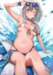  1girl bare_shoulders bikini blush breasts cleavage eyewear_on_head front-tie_bikini_top front-tie_top green_eyes grey_hair hair_between_eyes highleg highleg_swimsuit highres hololive large_breasts looking_at_viewer mole mole_on_breast navel one_eye_closed open_mouth shirogane_noel short_hair solo swimsuit takeno_omoti thighs virtual_youtuber wavy_hair 