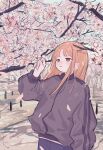  1girl absurdres black_jacket blush brown_eyes cherry_blossoms commentary_request day half-closed_eyes highres jacket long_hair long_sleeves orange_hair original outdoors parted_lips petals solo track_jacket tree yunoki_itsugu 