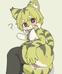  &lt;3 &lt;3_eyes anthro blur_censorship bodily_fluids bottomless butt censored clothed clothing felid female fur green_body hi_res kemono lying mammal mia_(world_flipper) mikeyama pantherine question_mark simple_background solo spread_butt spreading stoking striped_body stripes sweat tiger world_flipper yellow_background yellow_body yellow_fur 