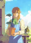  1boy androgynous apron blonde_hair blue_apron blue_eyes blue_sky closed_mouth cloud cloudy_sky cowboy_shot day eorinamo highres holding holding_plant house leaf link long_hair long_sleeves looking_at_viewer outdoors plant pointy_ears potted_plant shirt sky the_legend_of_zelda white_shirt 