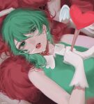  arrow_(projectile) arrow_through_heart clone collared_shirt commentary_request cursive dual_persona dutch_angle gitefusu gloves green_eyes green_hair green_shirt hair_over_shoulder heart heart_arrow highres holding holding_arrow long_hair looking_at_viewer lying on_back parted_lips pile_of_corpses red_hair red_lips shirt sleeveless sleeveless_shirt song_name tabun_owari_(vocaloid) upper_body vocaloid white_gloves 