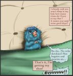  ambiguous_gender baby_talk bedding blanket blue_body blue_fur blue_hair bodily_fluids cruelty crying dialogue english_text feral fluffy_pony fluffy_pony_(species) fur hair hi_res infraredturbine mammal offscreen_character pillow signature solo tears text 